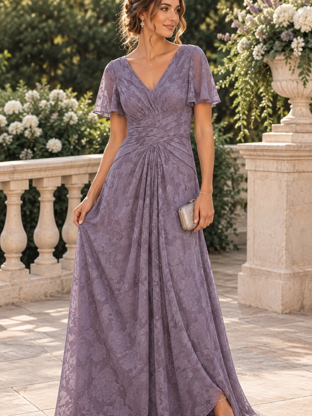 Romantic Lilac Lace V-Neck Maxi Dress